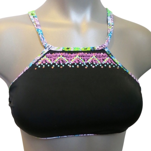 Victoria's Secret Black w/ Bali Embroidery Trim Strappy High Neck Swim Top S - Picture 1 of 1